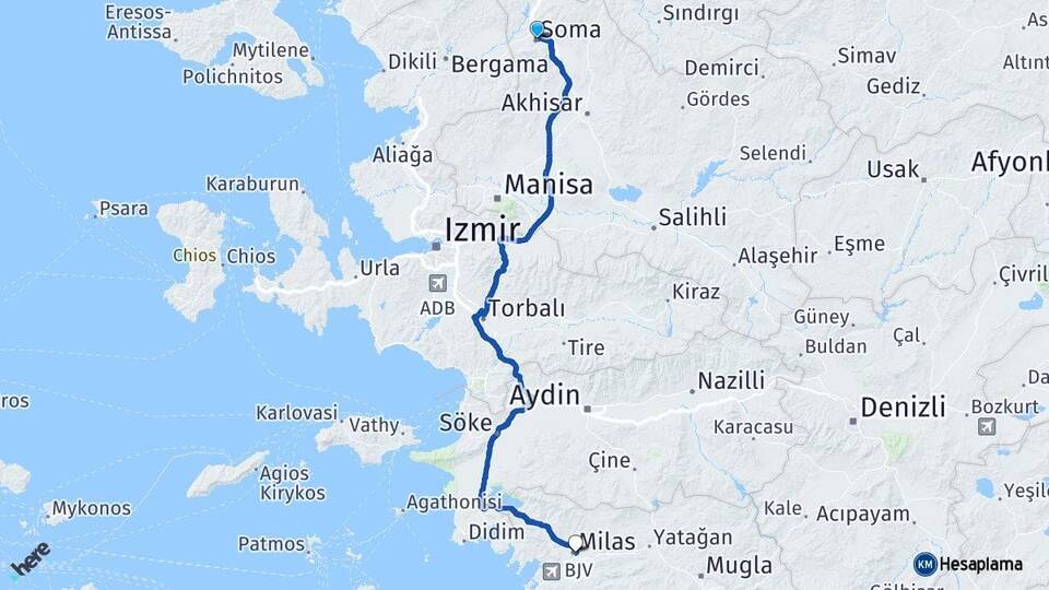 Manisa Soma Milas Muğla Arası Kaç Km - Yol Haritası