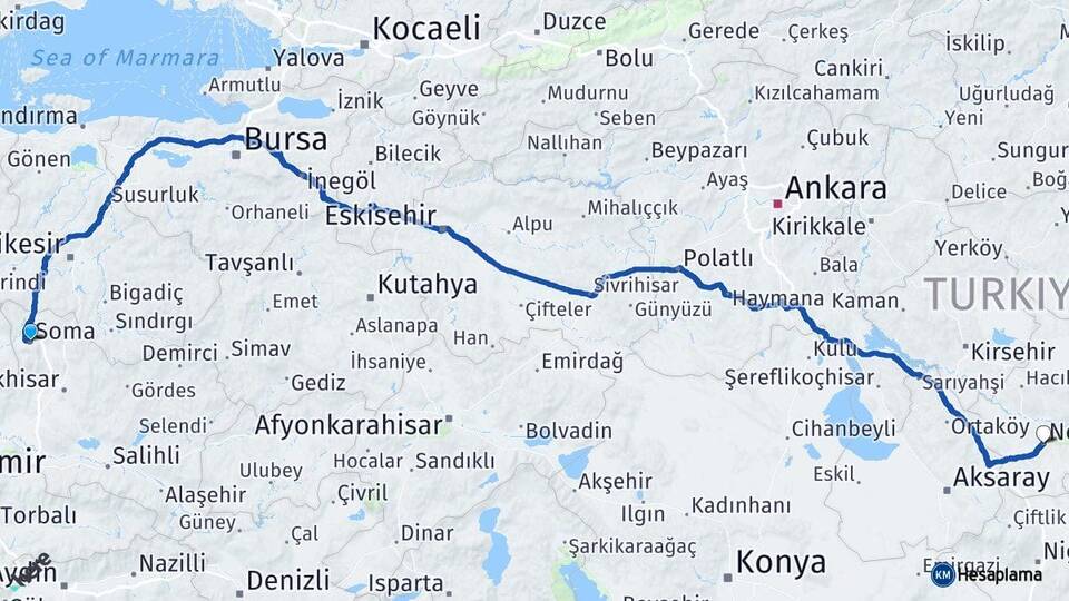 Manisa Soma Nevşehir Arası Kaç Km - Yol Haritası