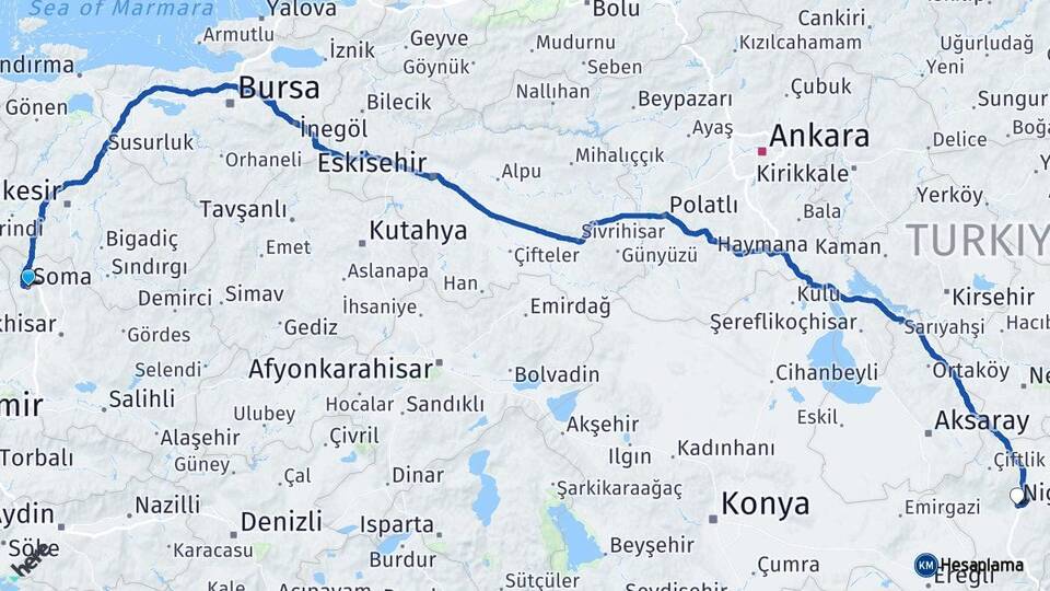 Manisa Soma Niğde Arası Kaç Km - Yol Haritası