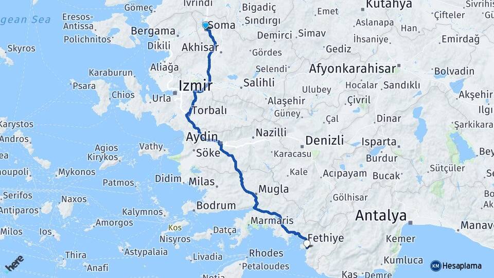 Manisa Soma Ölüdeniz Fethiye Muğla Arası Kaç Km - Yol Haritası