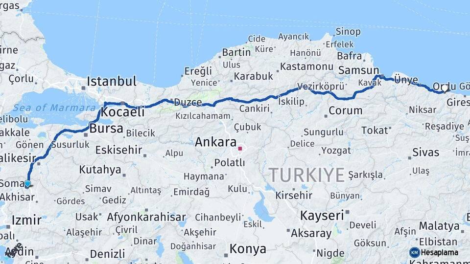 Manisa Soma Ordu Arası Kaç Km - Yol Haritası
