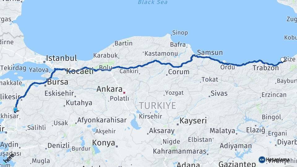 Manisa Soma Rize Arası Kaç Km - Yol Haritası