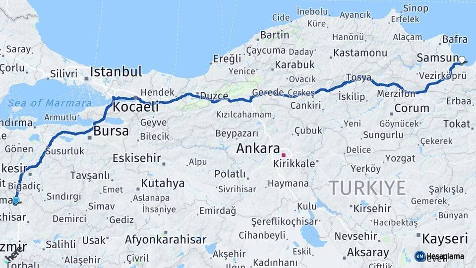 Manisa Soma Samsun Arası Kaç Km - Yol Haritası