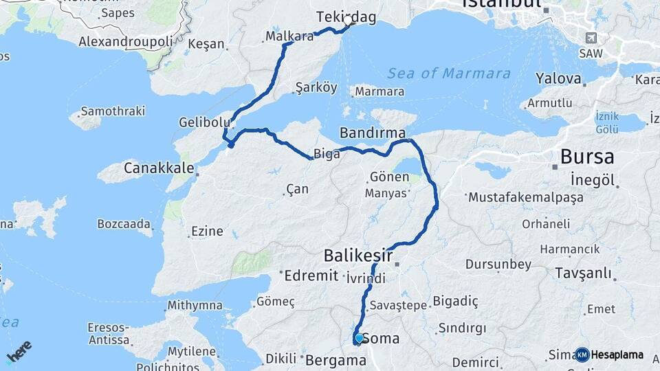 Manisa Soma Tekirdağ Arası Kaç Km - Yol Haritası