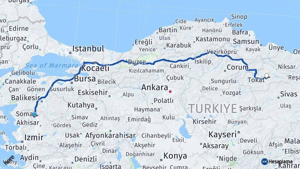 Manisa Soma Tokat Arası Kaç Km - Yol Haritası