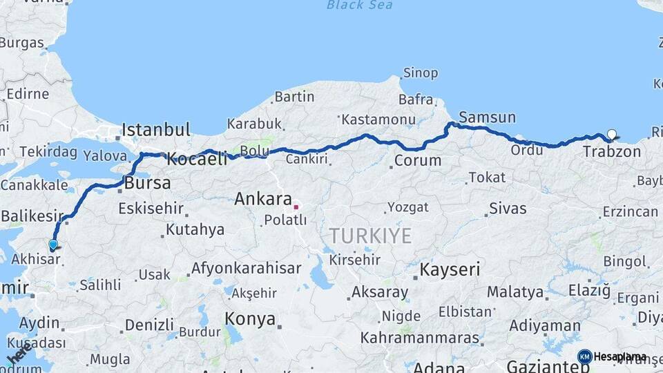 Manisa Soma Trabzon Arası Kaç Km - Yol Haritası
