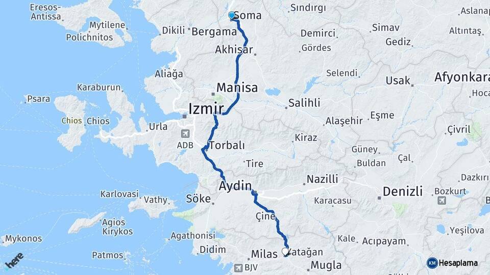 Manisa Soma Yatağan Muğla Arası Kaç Km - Yol Haritası