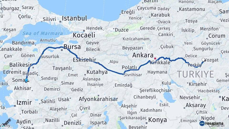 Manisa Soma Yozgat Arası Kaç Km - Yol Haritası