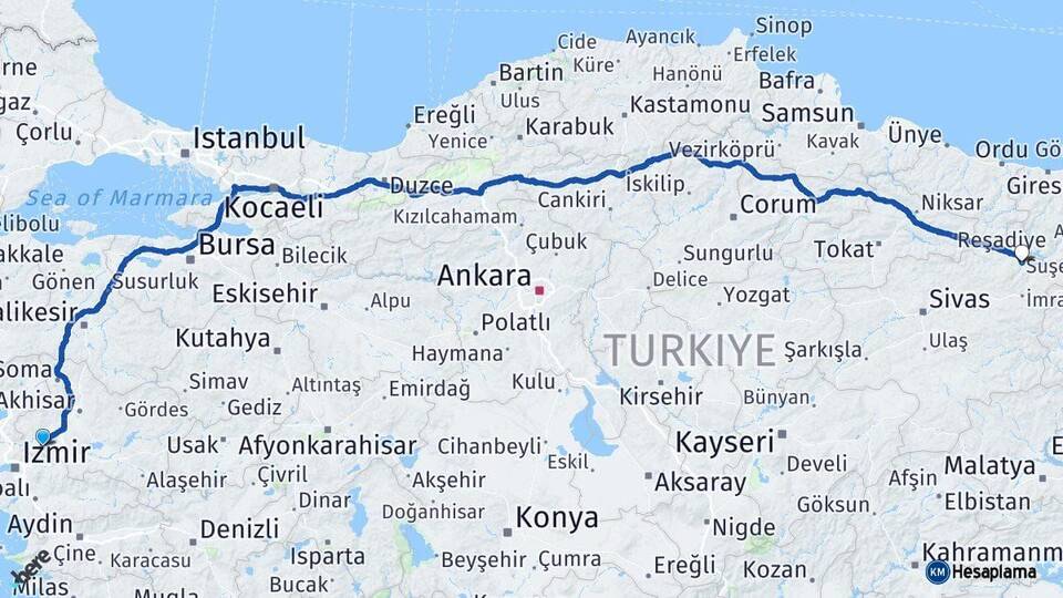 Manisa Suşehri Sivas Arası Kaç Km - Yol Haritası