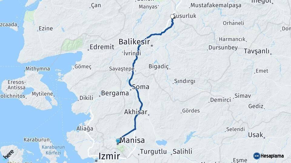 Manisa Susurluk Balıkesir Arası Kaç Km - Yol Haritası