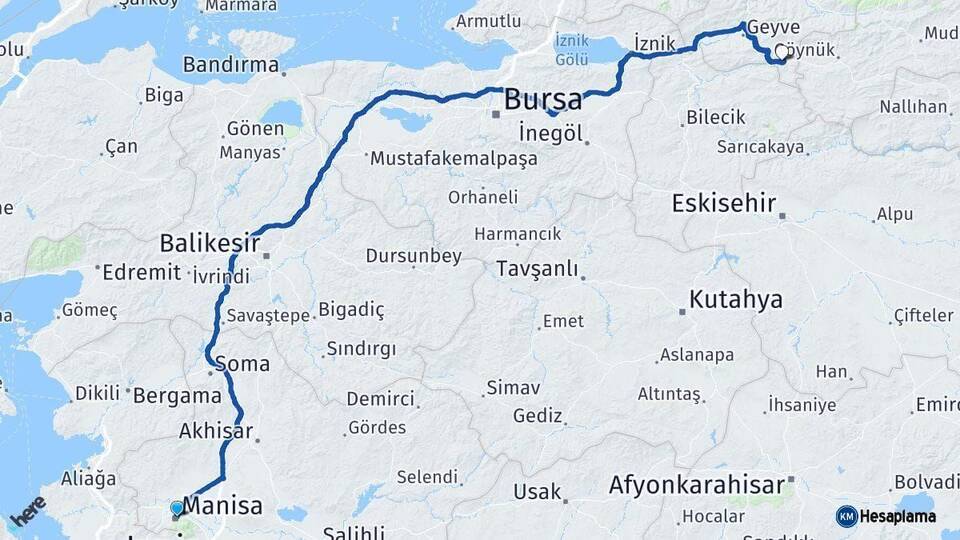 Manisa Taraklı Sakarya Arası Kaç Km - Yol Haritası