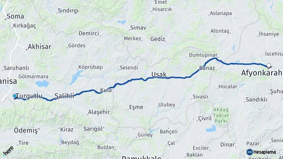 Manisa Turgutlu Afyonkarahisar Arası Kaç Km - Yol Haritası