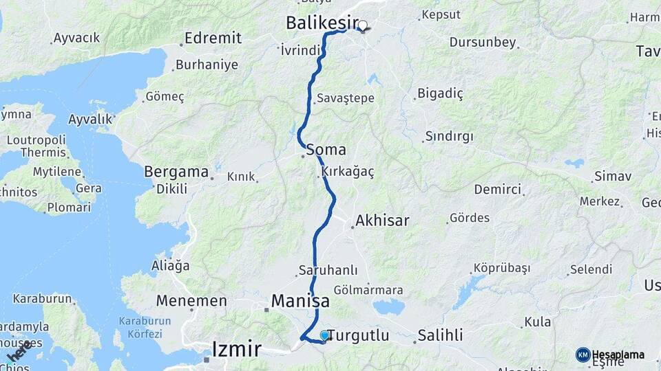 Manisa Turgutlu Balıkesir Arası Kaç Km - Yol Haritası