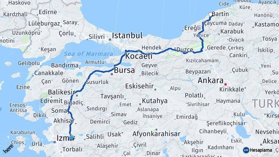 Manisa Turgutlu Bartın Arası Kaç Km - Yol Haritası