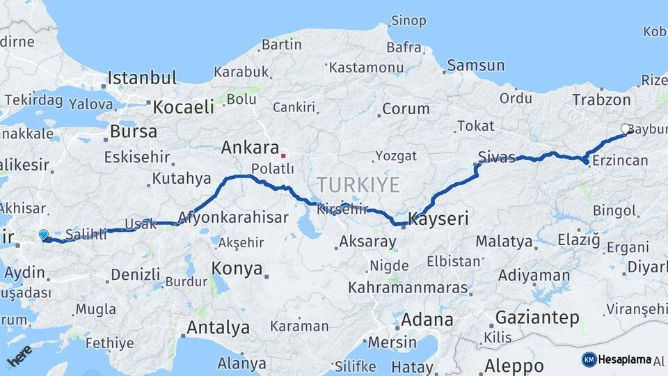 Manisa Turgutlu Bayburt Arası Kaç Km - Yol Haritası