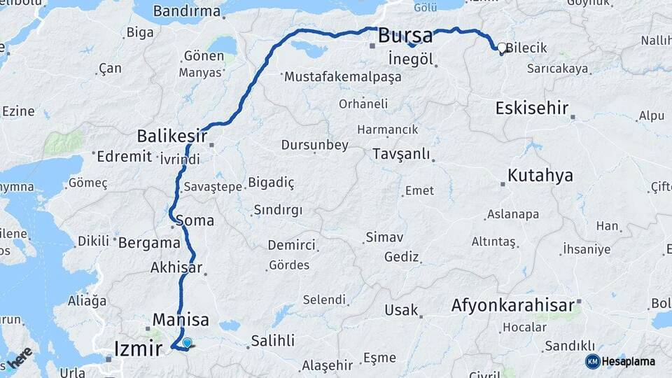 Manisa Turgutlu Bilecik Arası Kaç Km - Yol Haritası