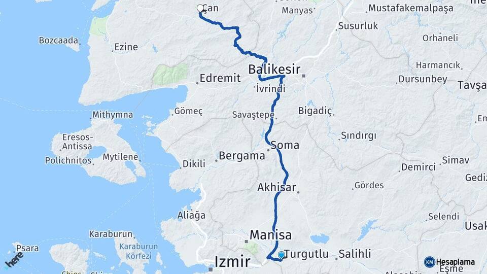 Manisa Turgutlu Çan Çanakkale Arası Kaç Km - Yol Haritası