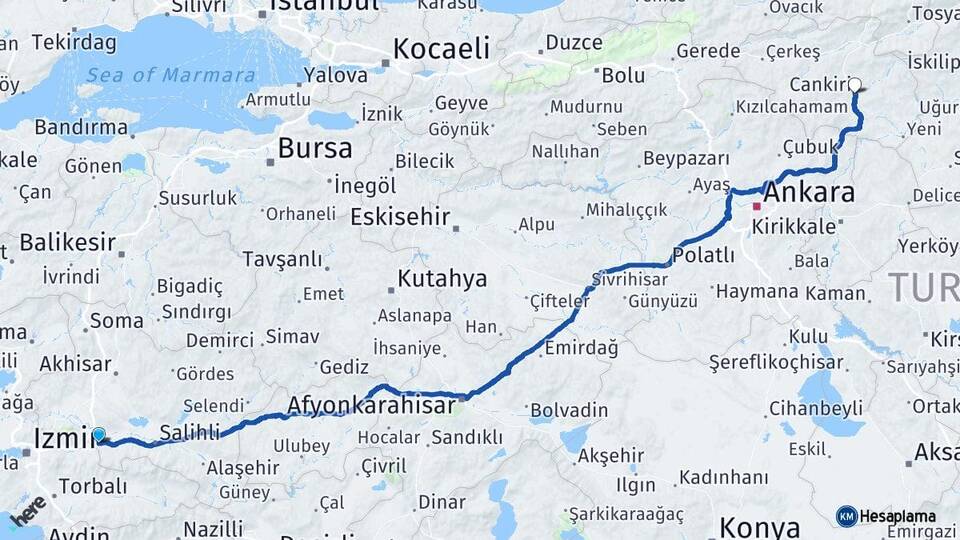 Manisa Turgutlu Çankırı Arası Kaç Km - Yol Haritası
