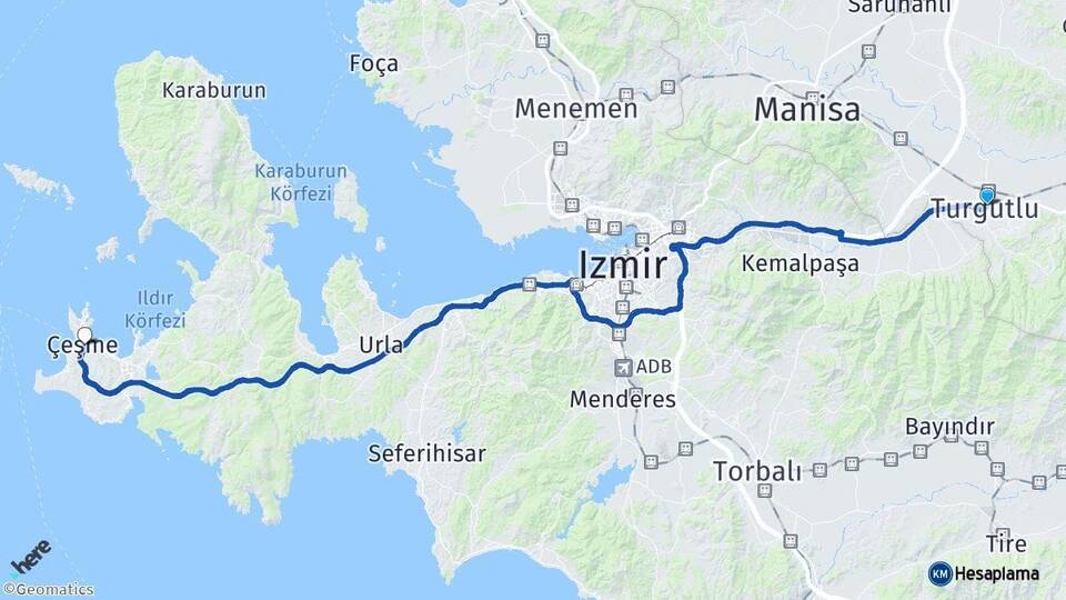Manisa Turgutlu Çeşme İzmir Arası Kaç Km - Yol Haritası
