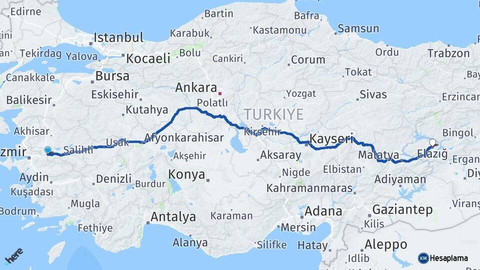Manisa Turgutlu Elazığ Arası Kaç Km - Yol Haritası