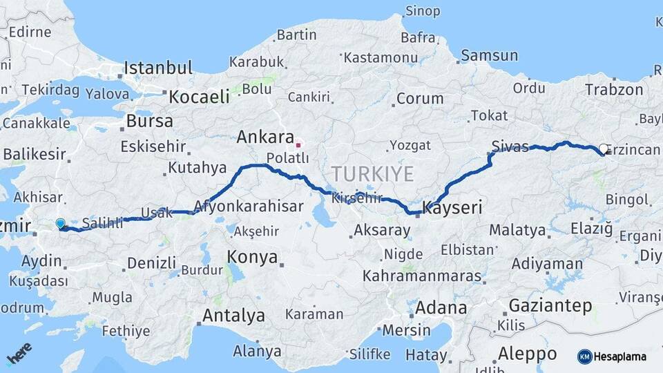 Manisa Turgutlu Erzincan Arası Kaç Km - Yol Haritası