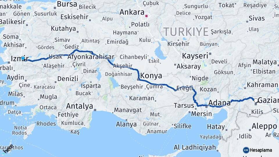 Manisa Turgutlu Gaziantep Arası Kaç Km - Yol Haritası
