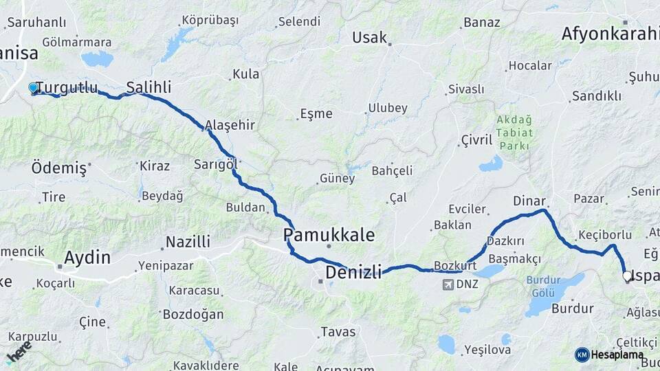 Manisa Turgutlu Isparta Arası Kaç Km - Yol Haritası