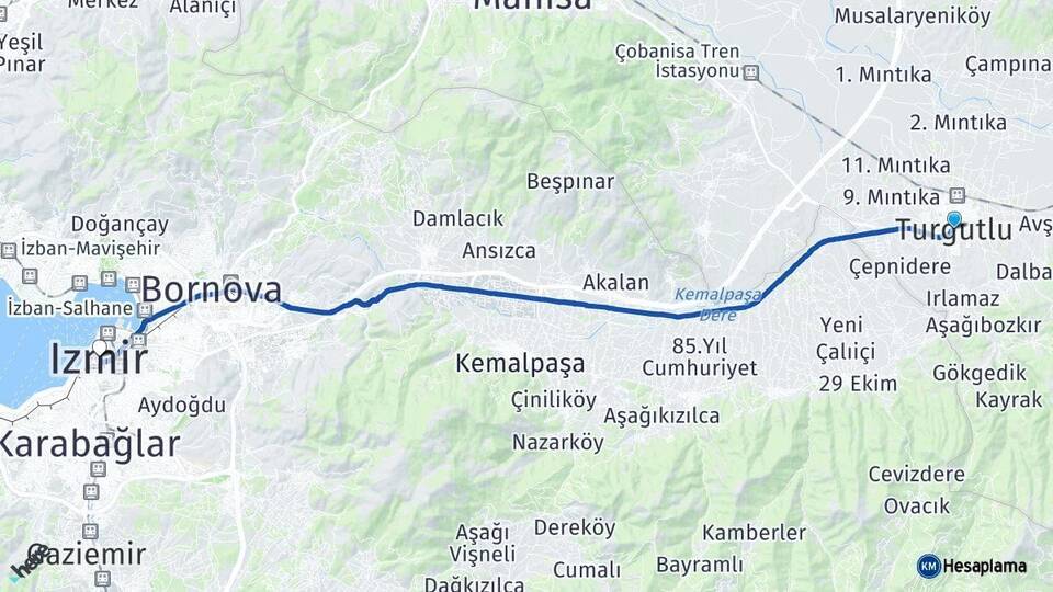 Manisa Turgutlu İzmir Arası Kaç Km - Yol Haritası