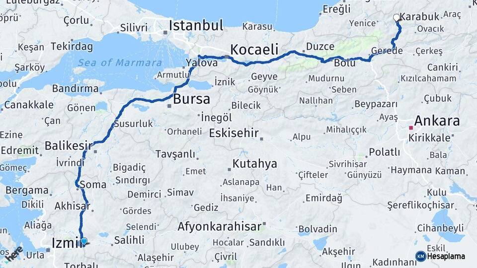 Manisa Turgutlu Karabük Arası Kaç Km - Yol Haritası