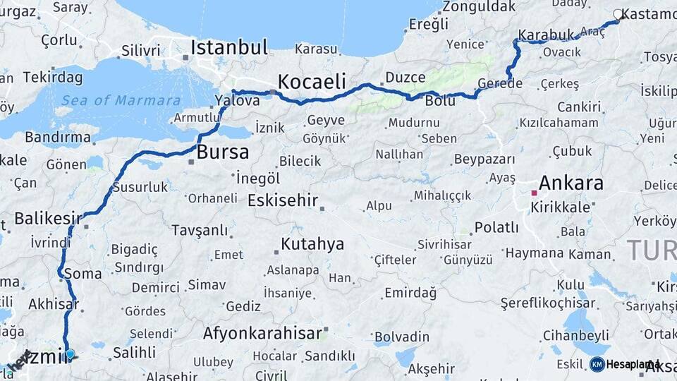 Manisa Turgutlu Kastamonu Arası Kaç Km - Yol Haritası