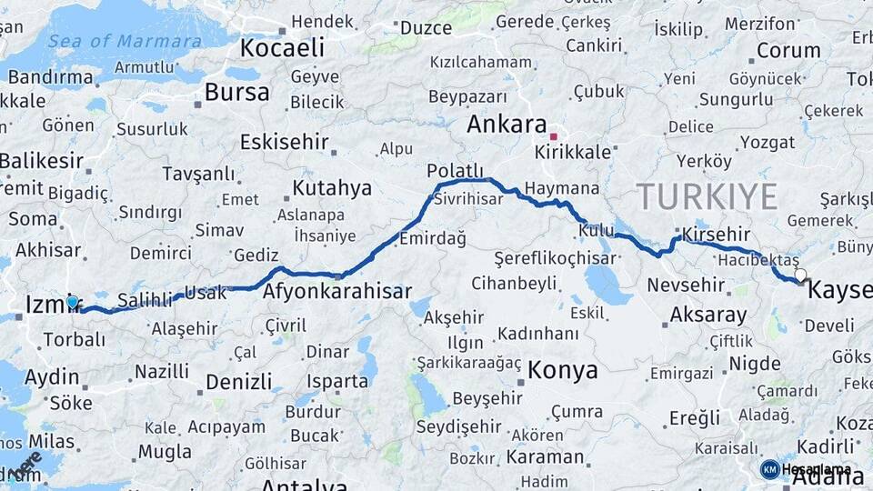 Manisa Turgutlu Kayseri Arası Kaç Km - Yol Haritası