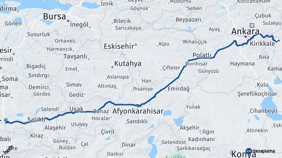 Manisa Turgutlu Kırıkkale Arası Kaç Km - Yol Haritası