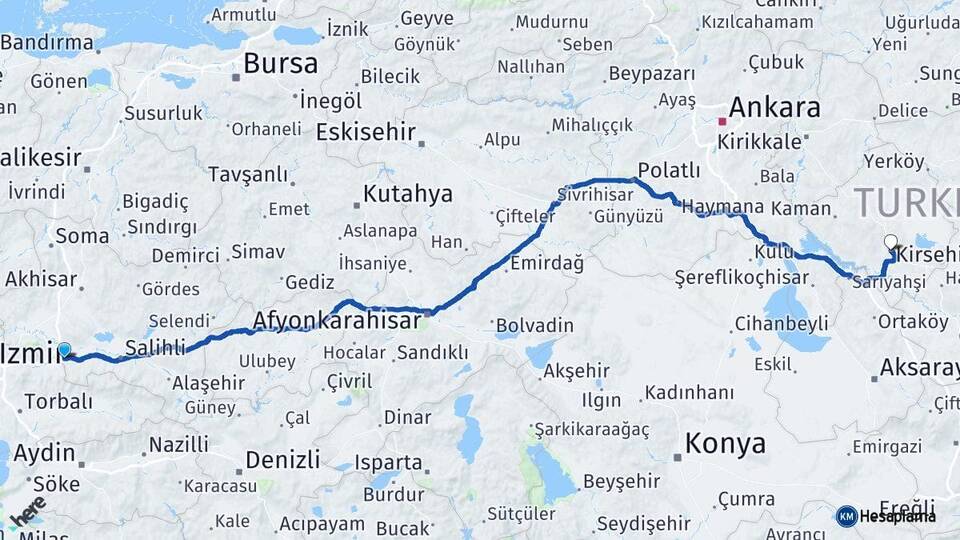 Manisa Turgutlu Kırşehir Arası Kaç Km - Yol Haritası