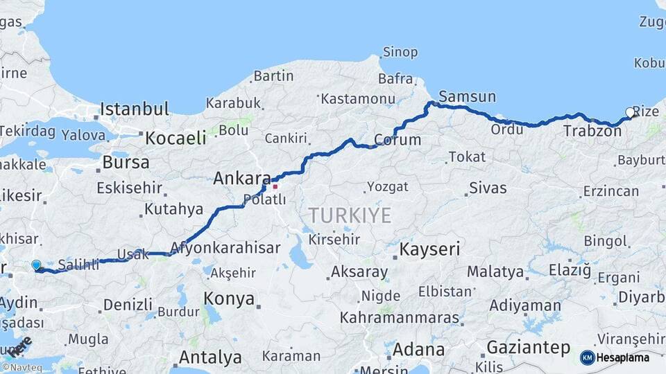 Manisa Turgutlu Rize Arası Kaç Km - Yol Haritası