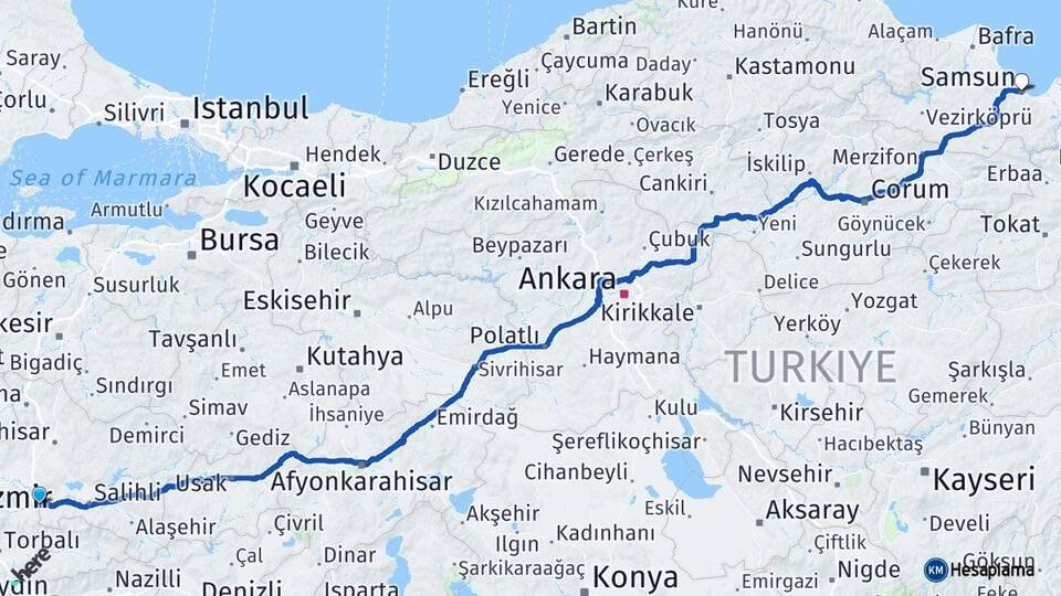 Manisa Turgutlu Samsun Arası Kaç Km - Yol Haritası