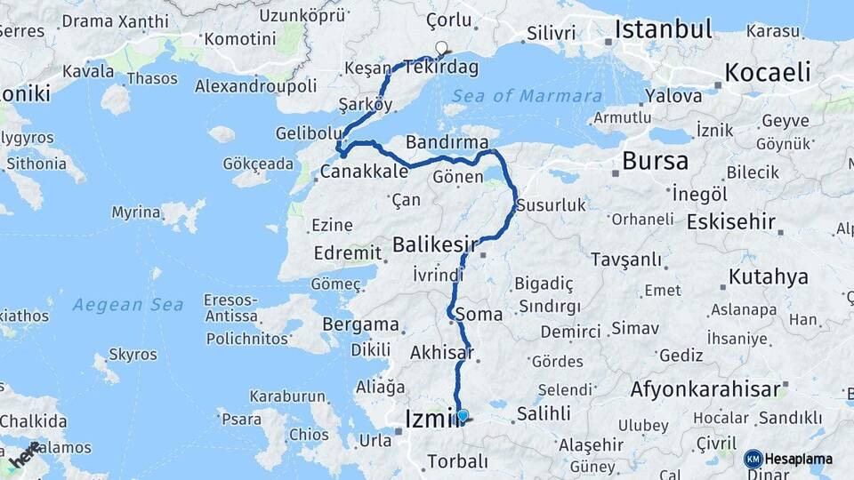 Manisa Turgutlu Tekirdağ Arası Kaç Km - Yol Haritası