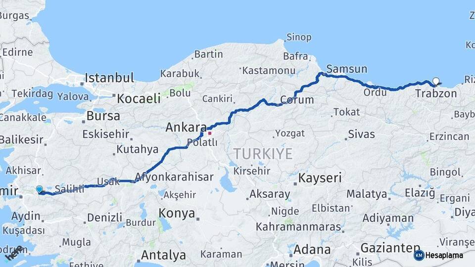 Manisa Turgutlu Trabzon Arası Kaç Km - Yol Haritası