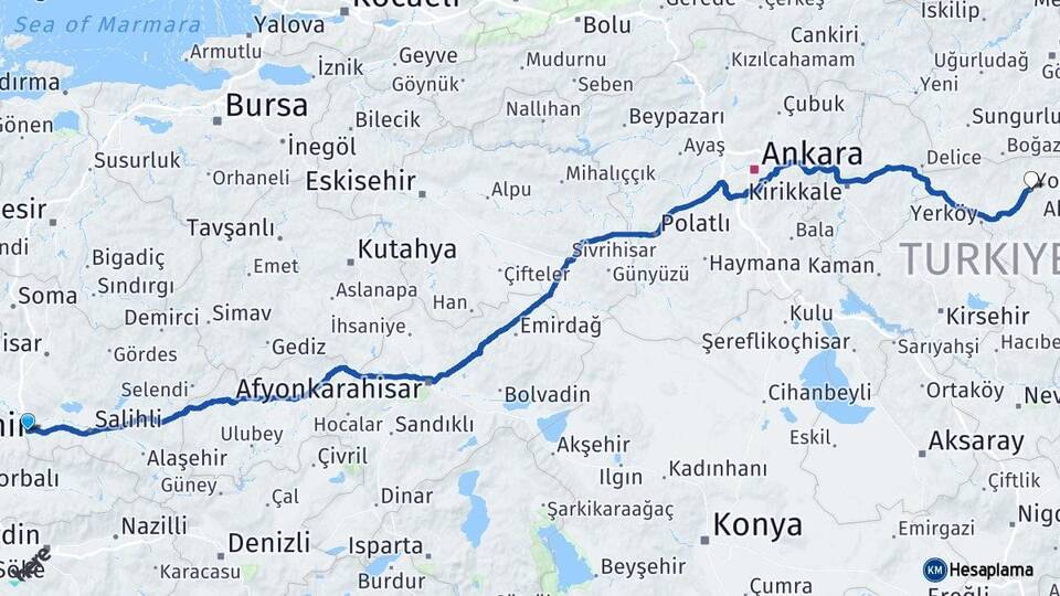 Manisa Turgutlu Yozgat Arası Kaç Km - Yol Haritası
