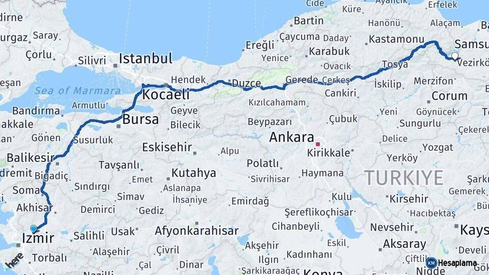 Manisa Vezirköprü Samsun Arası Kaç Km - Yol Haritası