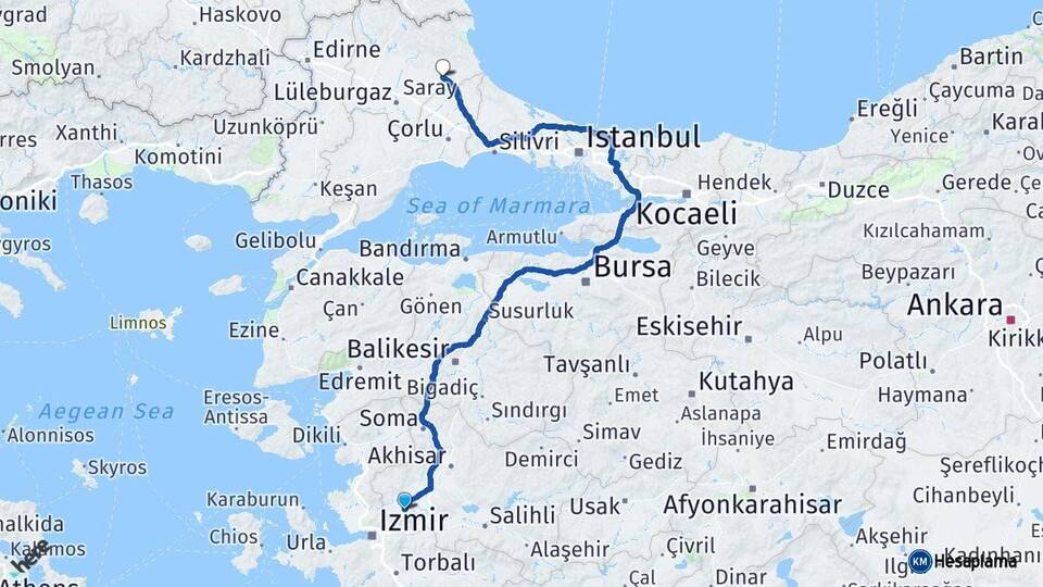 Manisa Vize Kırklareli Arası Kaç Km - Yol Haritası