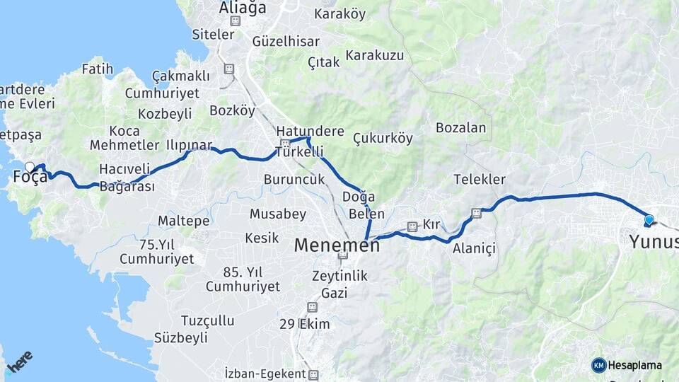 Manisa Yunusemre Güzelyurt Foça İzmir Arası Kaç Km - Yol Haritası