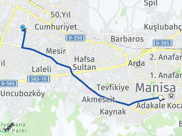 Manisa Yunusemre Güzelyurt Şehzadeler Arası Kaç Km - Yol Haritası