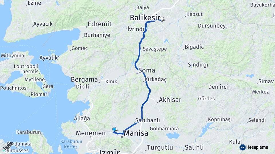 Manisa Yunusemre Muradiye Balıkesir Arası Kaç Km - Yol Haritası