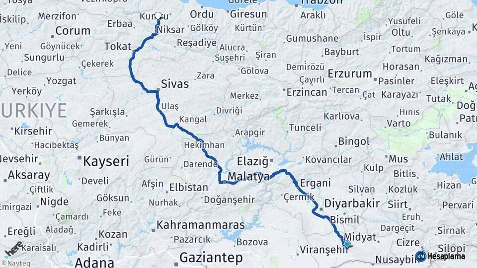 Mardin Akkuş Ordu Arası Kaç Km - Yol Haritası