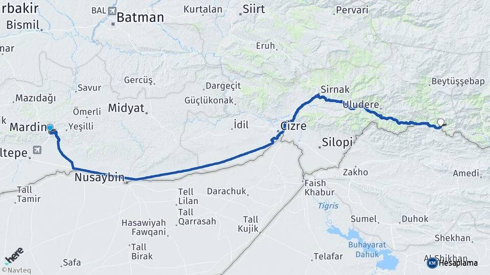Mardin Andaç Uludere Şırnak Arası Kaç Km - Yol Haritası