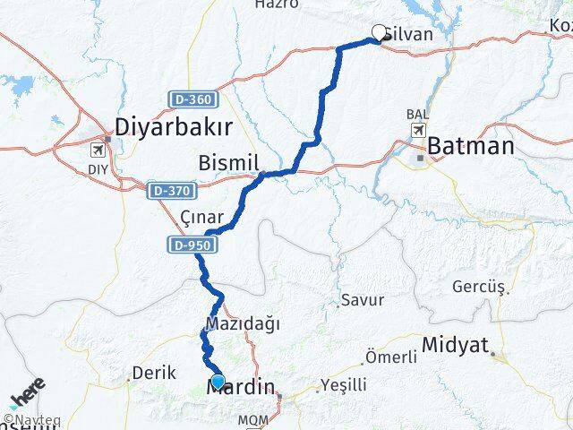 Mardin Artuklu Silvan Diyarbakır Arası Kaç Km - Yol Haritası