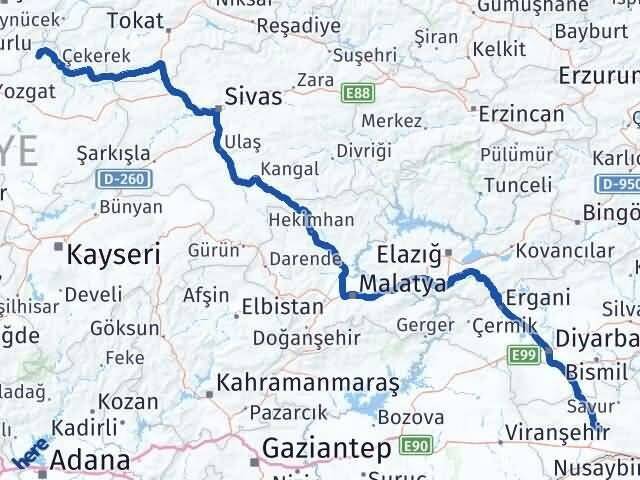Mardin Aydıncık Yozgat Arası Kaç Km - Yol Haritası