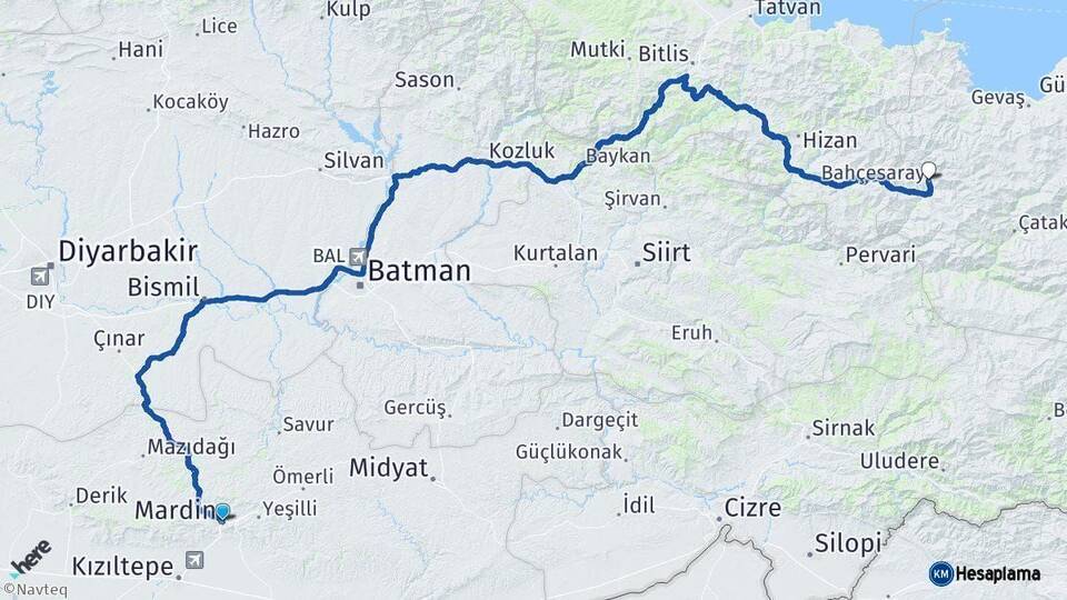 Mardin Bahçesaray Van Arası Kaç Km - Yol Haritası