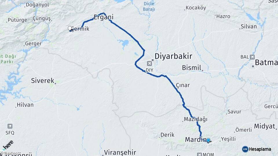 Mardin Çermik Diyarbakır Arası Kaç Km - Yol Haritası