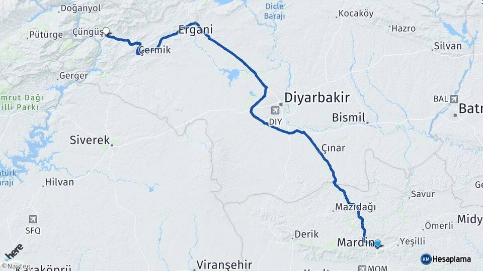 Mardin Çüngüş Diyarbakır Arası Kaç Km - Yol Haritası